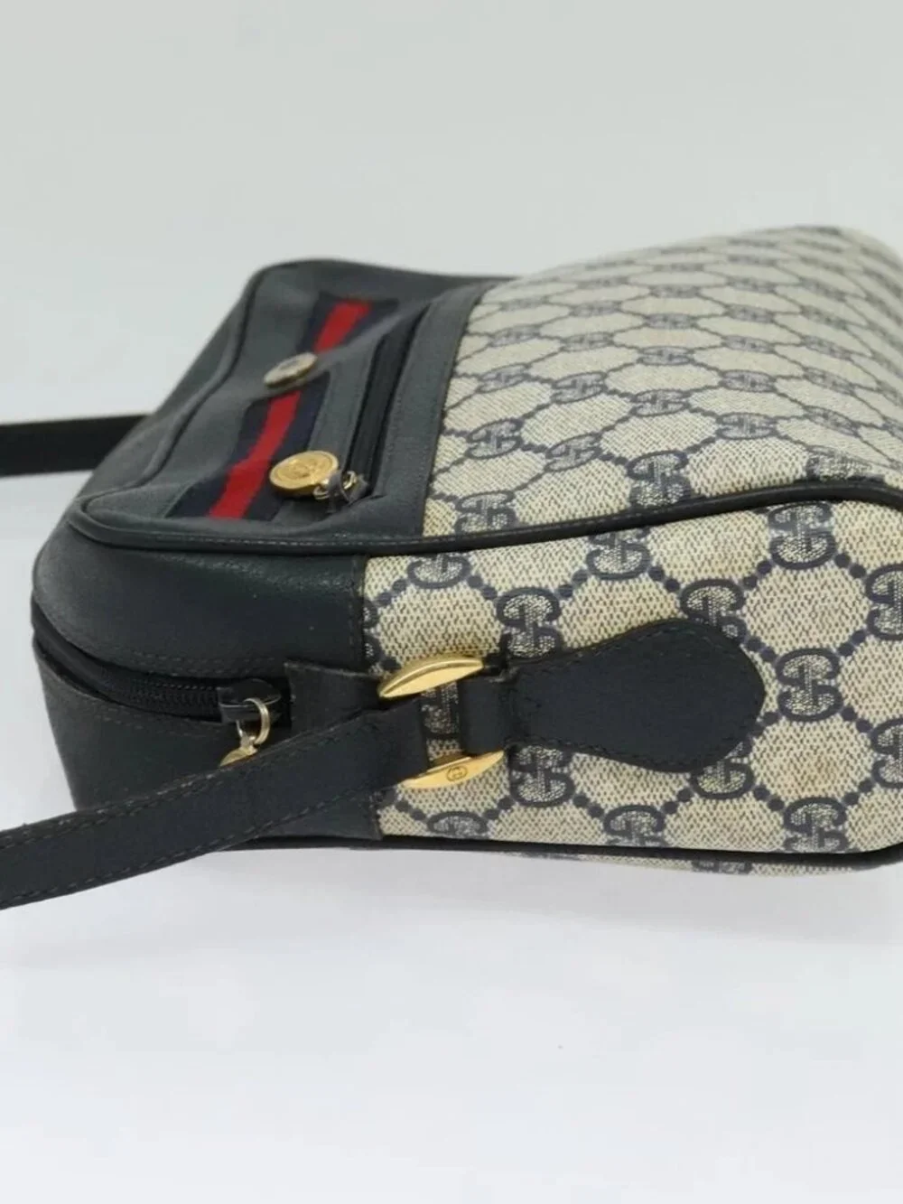 GUCCI GG Supreme Sherry Line Shoulder Bag PVC Navy Gold - Picture 4 of 16